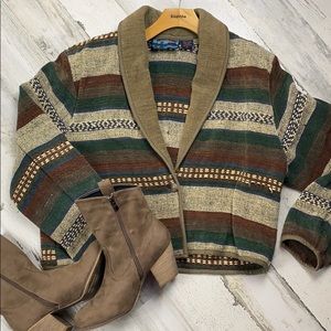 Western Vintage-Inspired Striped Shawl Collar Jacket - Green/Brown